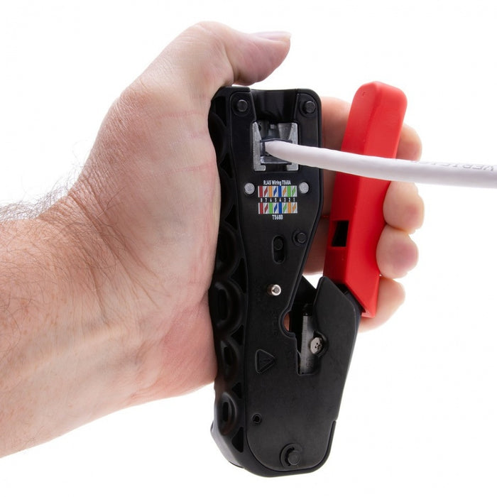 Red PTS Pro Crimp Tool - In Use Hand Holding Tool to Crimp Cable - Primus Cable