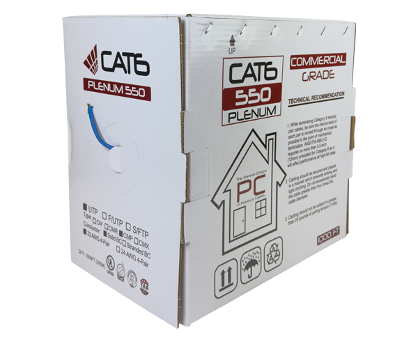 CAT6 Bulk Cable - (U/UTP) CMP, 550 MHz, 23AWG 8/C Solid BC Splineless, (UL), TAA Compliant, 1000' Pull Box