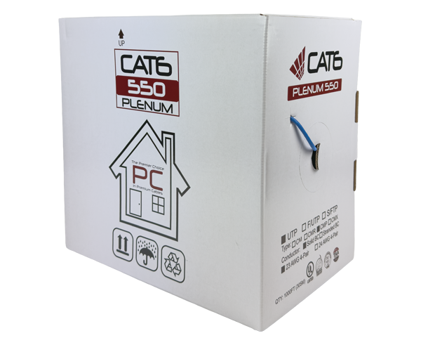 CAT6 Bulk Cable - (U/UTP) CMP, 550 MHz, 23AWG 8/C Solid BC Splineless, (UL), TAA Compliant, 1000' Pull Box