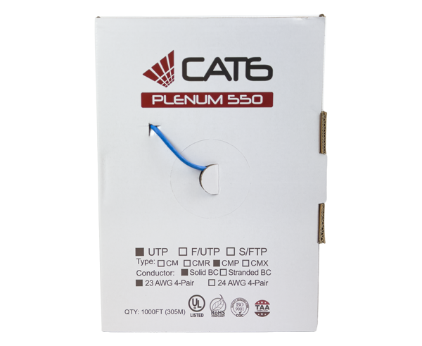 CAT6 Bulk Cable - (U/UTP) CMP, 550 MHz, 23AWG 8/C Solid BC Splineless, (UL), TAA Compliant, 1000' Pull Box