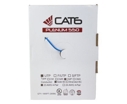 CAT6 Bulk Cable - (U/UTP) CMP, 550 MHz, 23AWG 8/C Solid BC Splineless, (UL), TAA Compliant, 1000' Pull Box