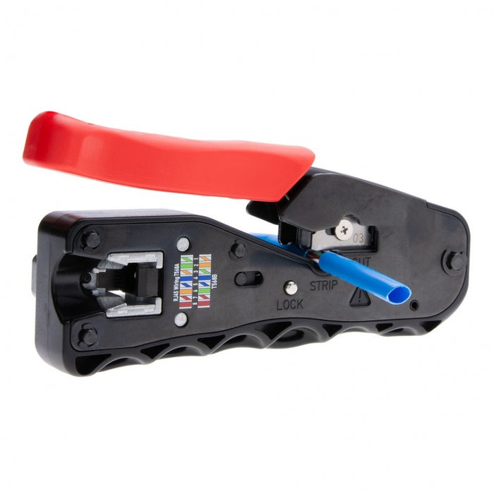 Red PTS Pro Crimp Tool - In Use Stripping Blue Wire - Primus Cable