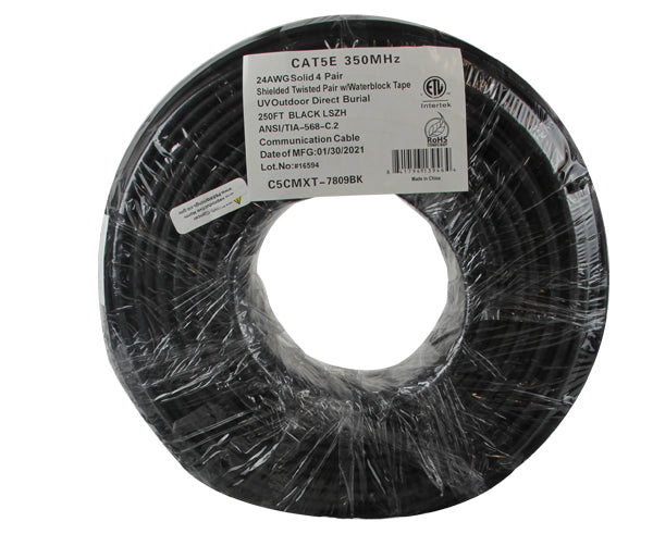 Coiled CAT5E Outdoor Bulk Ethernet Cable, Direct Burial Shielded Solid Copper, Water Blocking PVC Layer, UV Resistant LSZH Outer Jacket, Black, 24 AWG 250Feet