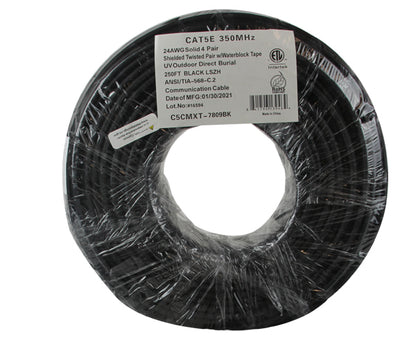 Coiled CAT5E Outdoor Bulk Ethernet Cable, Direct Burial Shielded Solid Copper, Water Blocking PVC Layer, UV Resistant LSZH Outer Jacket, Black, 24 AWG 250Feet