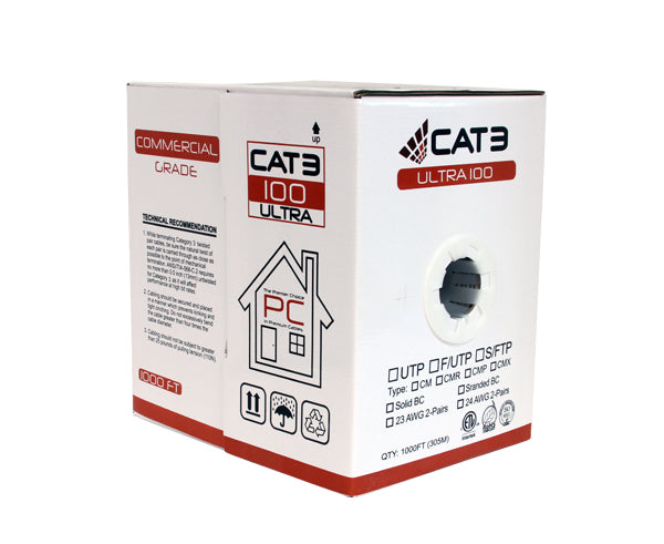 CAT3 Bulk Cable, Plenum CMP Solid UTP 4-Pair 24AWG, 1000, White