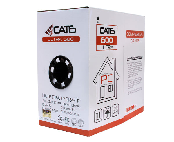 Bulk CAT6 Riser Ethernet Cable, CMR UL Listed Solid Copper UTP, 23 AWG 1000FT Pull Box