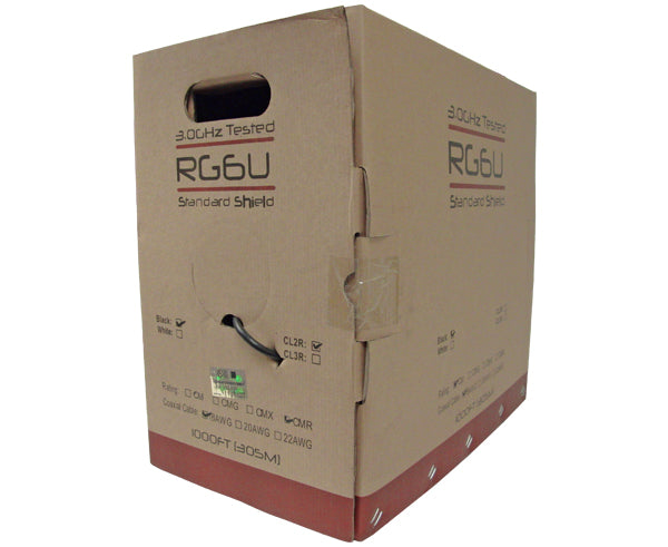 RG6 Coaxial Cable, Dual Shielded, 18 AWG CCS, 60% AL Braid, 1,000’/500’, Black or White
