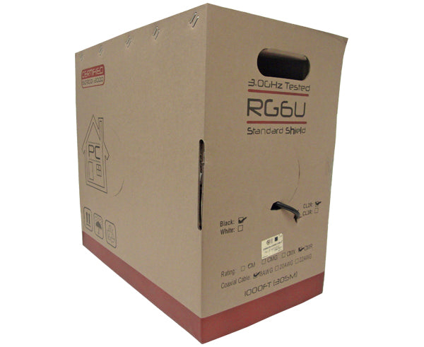 RG6 Coaxial Cable, Dual Shielded, 18 AWG CCS, 60% AL Braid, 1,000’/500’, Black or White