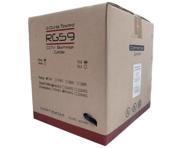 Siamese Cable 20AWG RG59 BC Coaxial Cable, 18/2 Power Cable, 500’ Black in a box