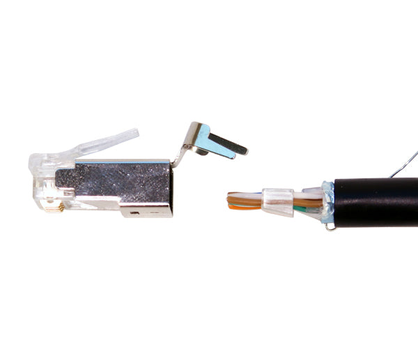 Close up of RJ45 insert with cut wires.