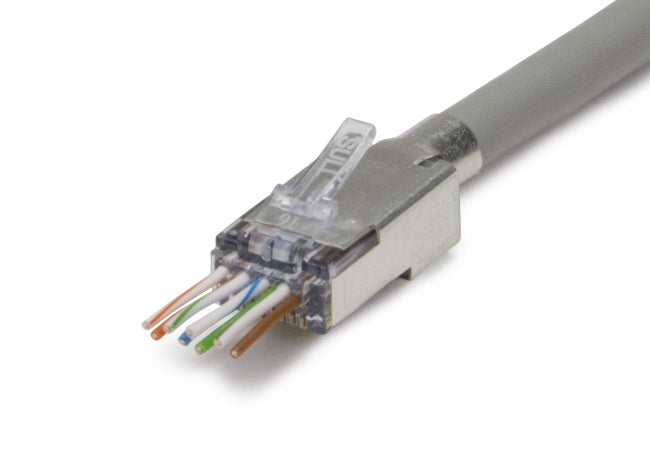 Terminated RJ45 connector with feed through design.