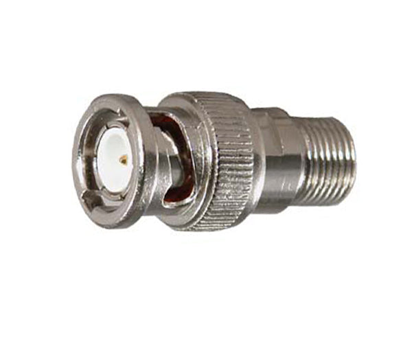 BNC male connector to F-Type female adapter for RG6 coax cables connects network audio/video, CATV and surveillance camera system.