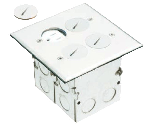 Dual Gang Power Outlet Floor Box Kit with Steel Box and Metal Cover with Threaded Plugs