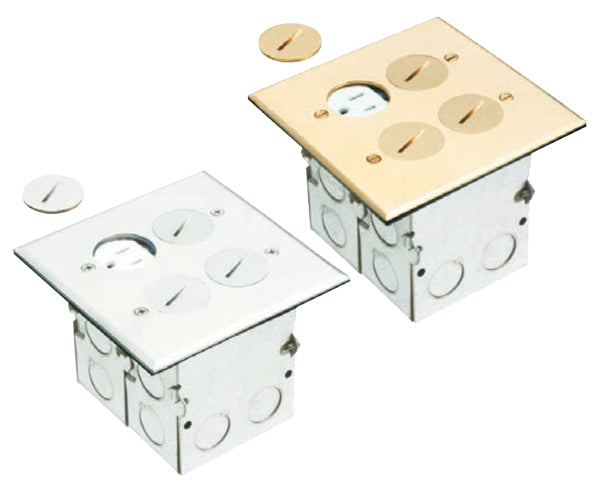 Brass or Nickel Plated Dual Gang (2-Gang) Power Outlet Floor Box Kit with Steel Box and Metal Cover with Threaded Plugs