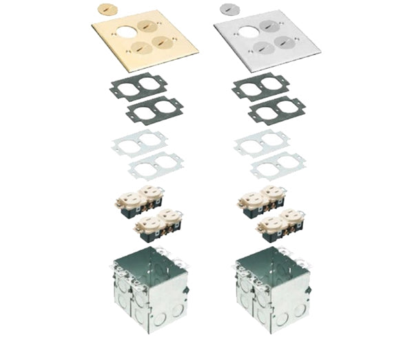 Dual Gang Power Outlet Floor Box Kit with Steel Box and Metal Cover with Threaded Plugs