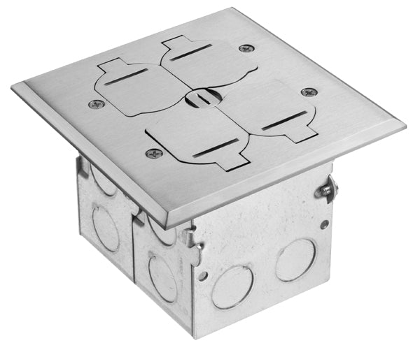 Combo floor box kit with installed low-voltage divider and square metal cover with flip lids - Nickel -Plated
