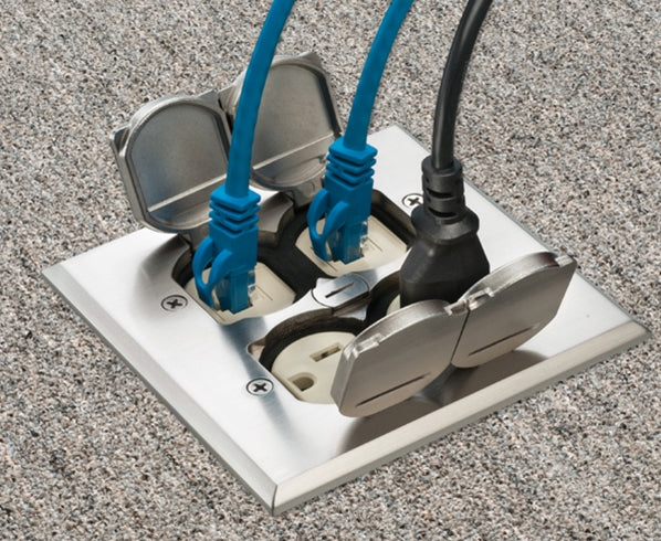 Low Voltage and Power Outlet Floor Box Kit Combo - 2 Gang - Silver in use - Primus Cable