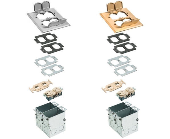 Low Voltage and Power Outlet Floor Box Kit Combo - 2 Gang - All variations of floor box kit- Brass & Nickel Plated