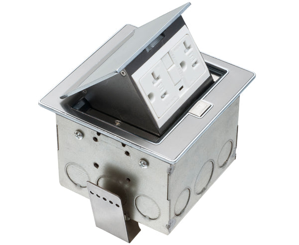 Power Outlet Countertop Box Kits with Stainless Steel Color Trapdoor Covers 20A Duplex TR GFCI Receptacles