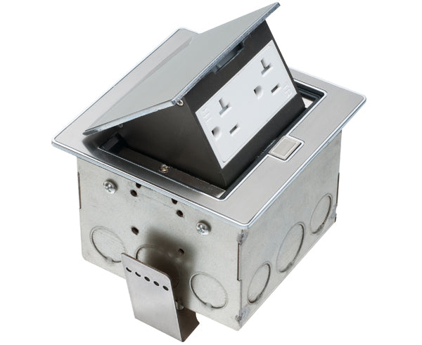 Power Outlet Countertop Box Kits with Stainless Steel Color Trapdoor Covers 20A Duplex TR Receptacles