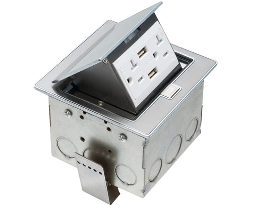 Power Outlet Countertop Box Kits w/ 2 USB Ports & Stainless Steel Color Trapdoor Covers 20A Duplex TR Receptacles