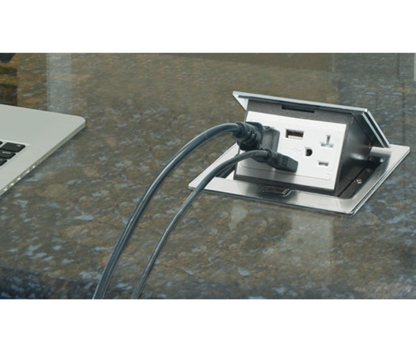 Power Outlet Countertop Box Kits w/ 2 USB Ports & Stainless Steel Color Trapdoor Covers 20A Duplex TR Receptacles