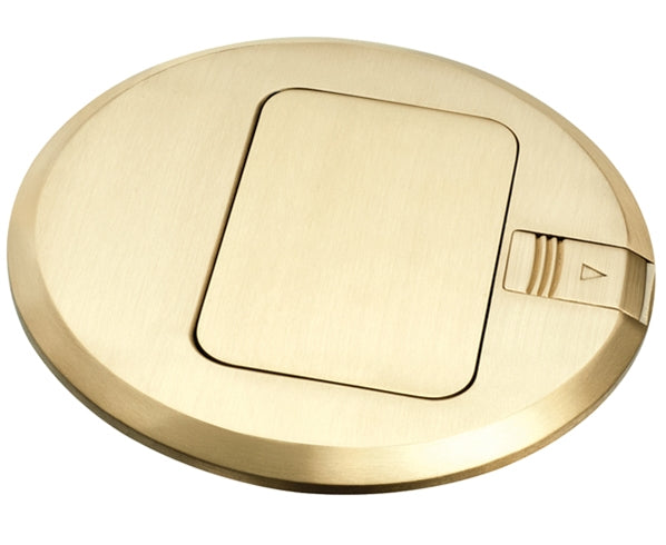 Floor Power Outlet, Round Trapdoor Cover - Gold, closed lid - Primus Cable