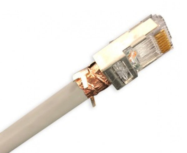 Terminated RJ45 Connector using copper foil for additional shielding.