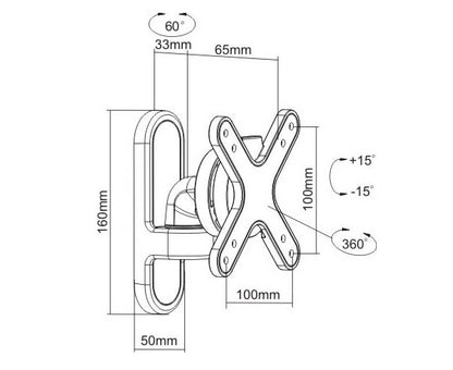 Dimensions For LED, LCD & Plasma Flat TV Wall Mount 13" to 27" Tilt and Swivel, 2.6" Arm