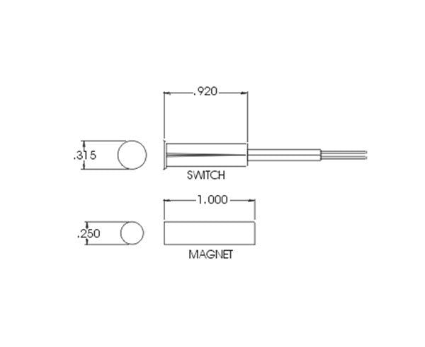 Reed Switch Set, Open Loop, Miniature 1/4" Recessed Flanged w/ Cable Leads