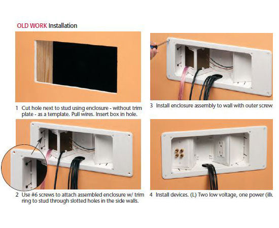 Non-metallic Plastic recessed power/low voltage TV Box™ combination box with Angled Openings- Instructions