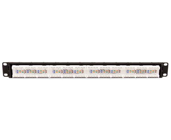 CAT6A Unshielded 24-Port Patch Panel, staggered port design, 110 Punchdown Connections, Support Bar, Black