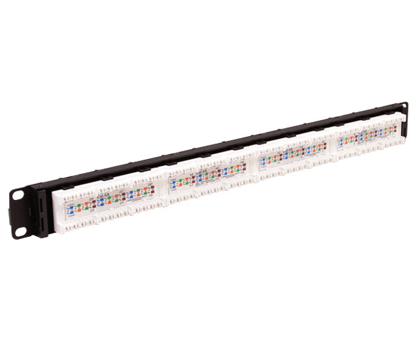 CAT6A Unshielded 24-Port Patch Panel, staggered port design, Support Bar, 110 Punchdown Connections, Black