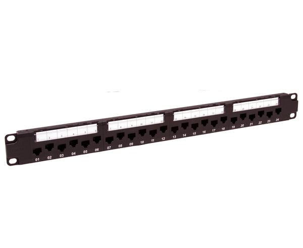 CAT6A 24-Port Patch Panel, Unshielded , Staggered Port Design, 110 Punchdown Connections, Support Bar, Black