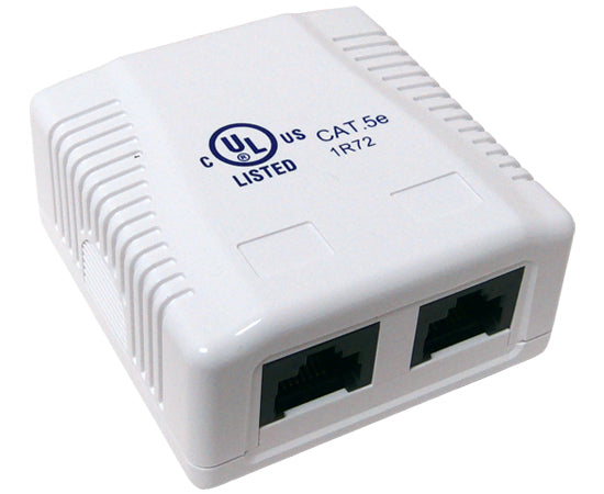 CAT5E Surface Mount Box, 1-Port/ 2-Ports, Pre-wired, Universal Box Case (White, 2-Port)