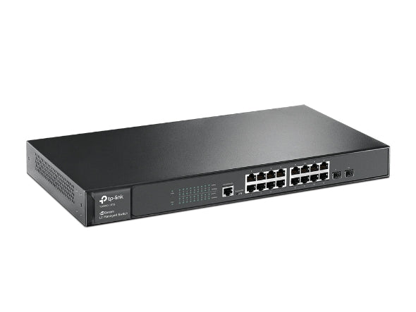 JetStream 16-Port Gigabit L2 Managed Ethernet Switch with 2 SFP Slots - angled view
