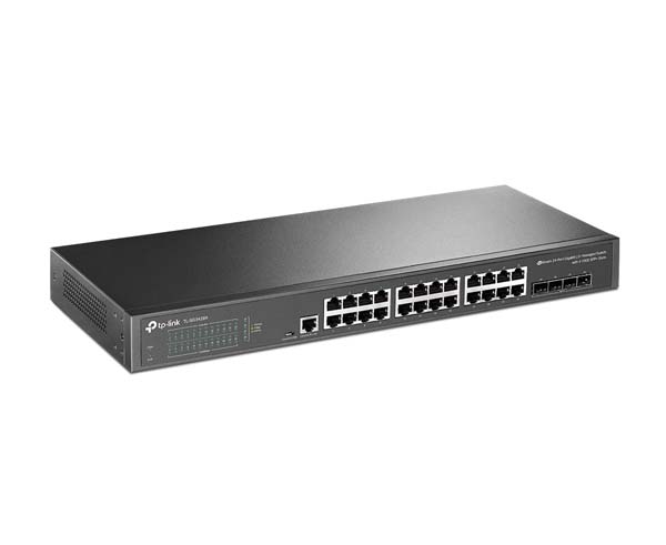 JetStream 24-Port Gigabit L2+ Managed Switch with 4 10GE SFP+ Slots - angled view
