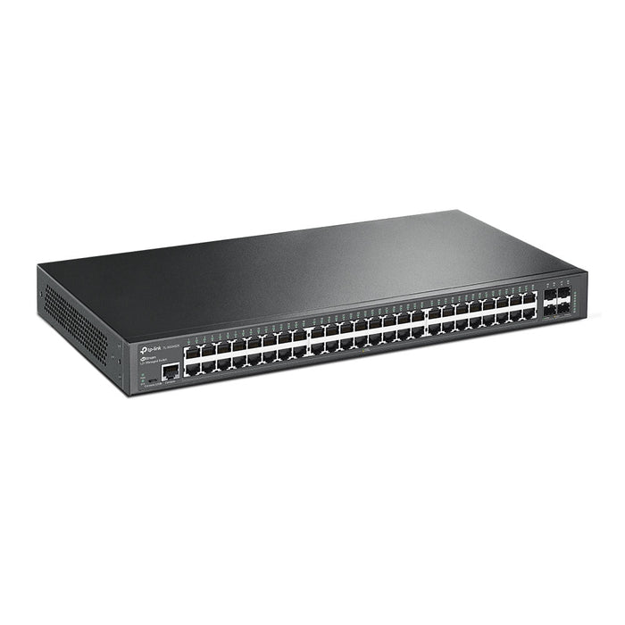 JetStream 48-Port PoE+ Gigabit L2+ Managed Switch with 4 10GE SFP+ Slots - angled view