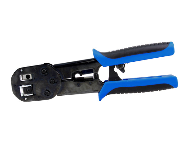 Ratchet Crimp Tool works with Category 5E, and Category 6 Easy Feed RJ45 Connectors