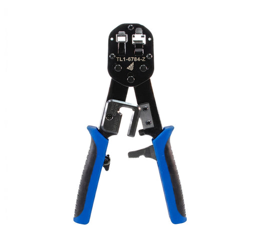 Blue Networking Ratchet Crimp Tool works with CAT5E, and CAT6 Easy Feed RJ45 Connectors - Primus Cable Hand Tools
