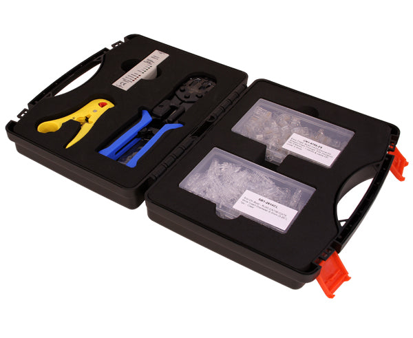 Cat5E Networking Termination Tool Kit includes cable stripper, cable crimper, cableTester, RJ45 Easy Feed Connectors, RJ45 Slip-On-Boot, and Carrying Case