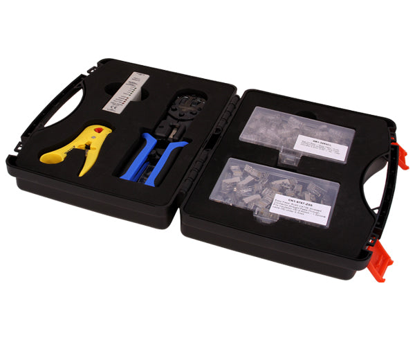 Cat5E Networking Termination Tool Kit includes cable stripper, cable crimper, cableTester, RJ45 Easy Feed Connectors, RJ45 Slip-On-Boot, and Carrying Case