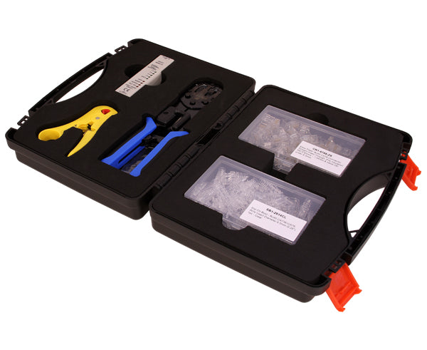 Cat6 Networking Termination Tool Kit includes cable stripper, cable crimper, cableTester, RJ45 Easy Feed Connectors, RJ45 Slip-On-Boot, and Carrying Case