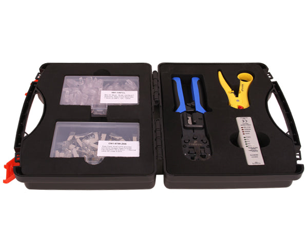 Cat6 Shielded Ethernet Termination Tool Kit includes cable stripper, cable crimper, cableTester, RJ45 Easy Feed Connectors, RJ45 Slip-On-Boot, and black rugged carrying Case
