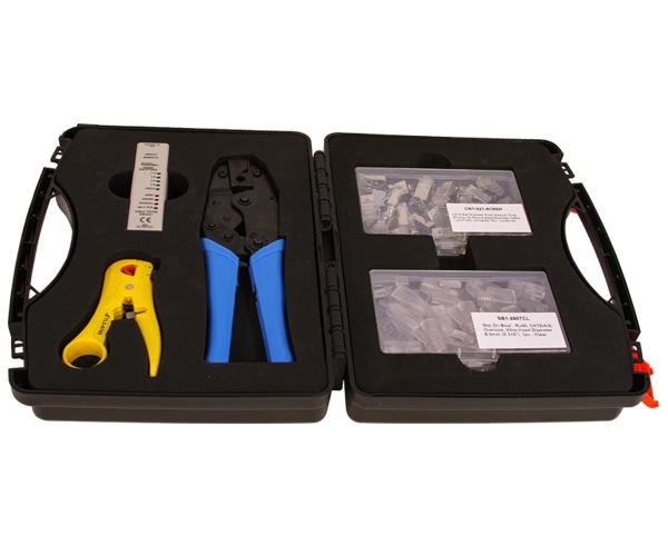 Cat6A Ethernet Termination Tool Kit includes cable stripper, cable crimper, cableTester, RJ45 Easy Feed Connectors, RJ45 Slip-On-Boot, and black rugged carrying Case