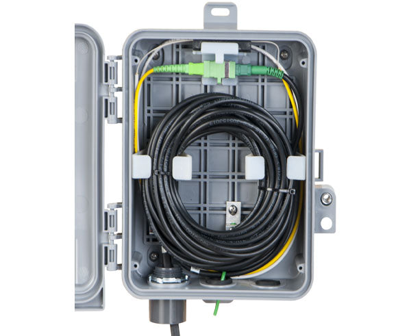 Image only for reference: Wall Mount Fiber Enclosure, Indoor/Outdoor.
Does not include splice trays, adapter panels or patch cables.
