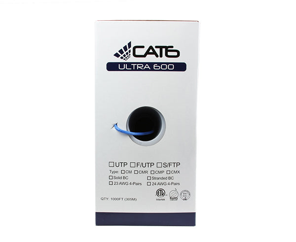 CAT6 Bulk Ethernet Cable, UTP Solid Copper CM, 1000FT Pull Box