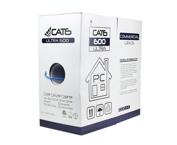 CAT6 UTP Bulk Ethernet Cable, Solid Copper CM,  1000FT Pull Box