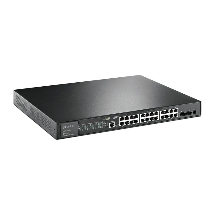 JetStream 24-Port Gigabit and 4-Port 10GE SFP+ L2+ Managed Switch with 24-Port PoE+ Angled View